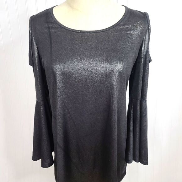 Melissa Paige Metallic Black Cold Shoulder Long Sleeve Blouse. SIZE MEDIUM EUC - Picture 1 of 9